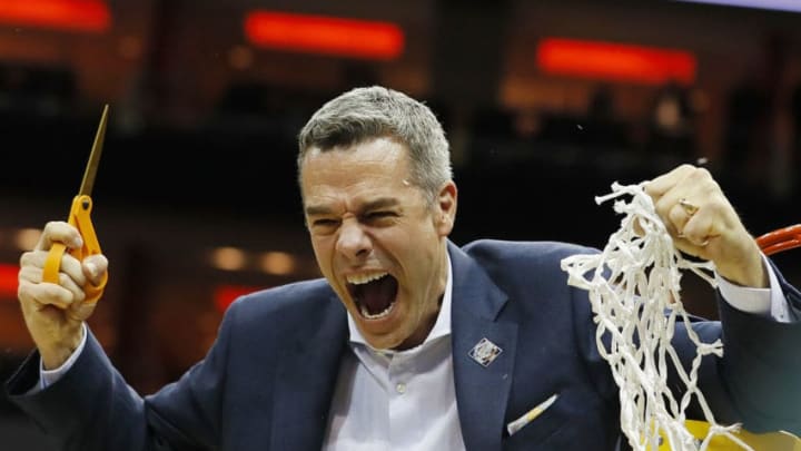 LOUISVILLE, KENTUCKY - MARCH 30: Head coach Tony Bennett of the Virginia Cavaliers celebrates after defeating the Purdue Boilermakers 80-75 in overtime of the 2019 NCAA Men's Basketball Tournament South Regional to advance to the Final Four at KFC YUM! Center on March 30, 2019 in Louisville, Kentucky. (Photo by Kevin C. Cox/Getty Images)