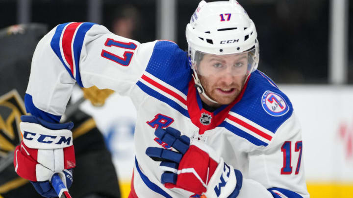 Jan 6, 2022; Las Vegas, Nevada, USA; New York Rangers center Kevin Rooney (17) is pictured during the second period against the Vegas Golden Knights at T-Mobile Arena. Mandatory Credit: Stephen R. Sylvanie-USA TODAY Sports