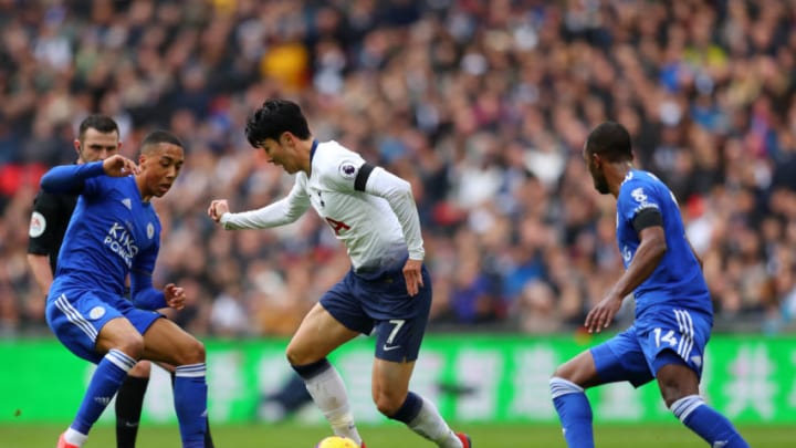 LONDON, ENGLAND - FEBRUARY 10: Heung-Min Son of Tottenham Hotspur battles for possession with Youri Tielemans and Ricardo Pereira of Leicester City during the Premier League match between Tottenham Hotspur and Leicester City at Wembley Stadium on February 10, 2019 in London, United Kingdom. (Photo by Catherine Ivill/Getty Images)