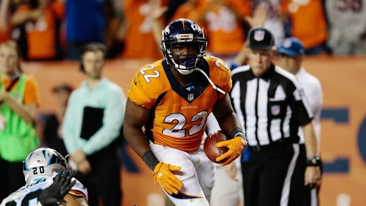 Sep 8, 2016; Denver, CO, USA; Denver Broncos running back C.J. Anderson (22) celebrates after a touchdown in the fourth quarter against the Carolina Panthers at Sports Authority Field at Mile High. Mandatory Credit: Isaiah J. Downing-USA TODAY Sports