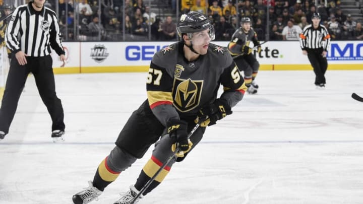 LAS VEGAS, NV – JANUARY 2: David Perron #57 of the Vegas Golden Knights skates with a puck against the Nashville Predators during the game at T-Mobile Arena on January 2, 2018, in Las Vegas, Nevada. (Photo by Jeff Bottari/NHLI via Getty Images)