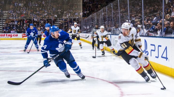 TORONTO, ON - NOVEMBER 07: Mark Stone #61 of the Vegas Golden Knights skates against Tyson Barrie #94 of the Toronto Maple Leafs during the second period at the Scotiabank Arena on November 7, 2019 in Toronto, Ontario, Canada. (Photo by Mark Blinch/NHLI via Getty Images)