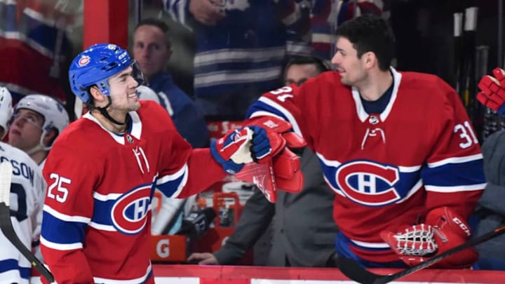 MONTREAL, QC - APRIL 06: Ryan Poehling #25 of the Montreal Canadiens celebrates his third goal in his first career NHL game at 17:29 of the third period with Carey Price #31 against the Toronto Maple Leafs at the Bell Centre on April 6, 2019 in Montreal, Quebec, Canada. The Montreal Canadiens defeated the Toronto Maple Leafs 6-5 in a shootout. (Photo by Minas Panagiotakis/Getty Images)