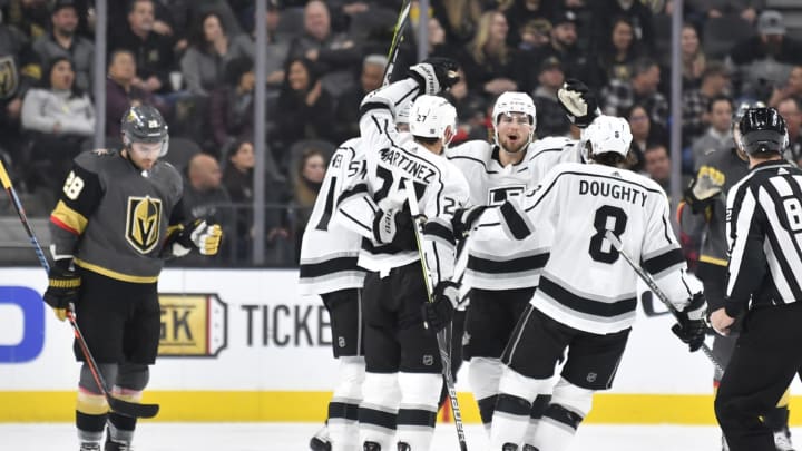 LAS VEGAS, NEVADA – JANUARY 09: Alec Martinez #27 of the Los Angeles Kings celebrates after scoring a goal during the first period against the Vegas Golden Knights at T-Mobile Arena on January 09, 2020 in Las Vegas, Nevada. (Photo by Jeff Bottari/NHLI via Getty Images)