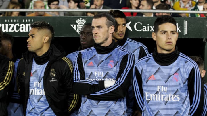 SEVILLA, SPAIN - MARCH 8: (L-R) Mariano of Real Madrid, Mendy of Real Madrid, Gareth Bale of Real Madrid, Areola of Real Madrid, James Rodriguez of Real Madrid during the La Liga Santander match between Real Betis Sevilla v Real Madrid at the Estadio Benito Villamarin on March 8, 2020 in Sevilla Spain (Photo by David S. Bustamante/Soccrates/Getty Images)