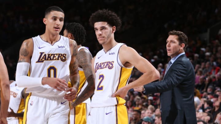 PORTLAND, OR - NOVEMBER 2: Kyle Kuzma #0 of the Los Angeles Lakers and Lonzo Ball #2 of the Los Angeles Lakers are seen on the court during the game against the Portland Trail Blazers on November 2, 2017 at the Moda Center in Portland, Oregon. NOTE TO USER: User expressly acknowledges and agrees that, by downloading and or using this Photograph, user is consenting to the terms and conditions of the Getty Images License Agreement. Mandatory Copyright Notice: Copyright 2017 NBAE (Photo by Sam Forencich/NBAE via Getty Images)