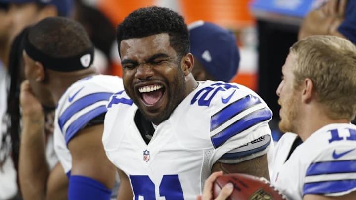 Aug 19, 2016; Arlington, TX, USA; Dallas Cowboys running back Ezekiel Elliott (21) laughs on the sidelines against the Miami Dolphins at AT&T Stadium. Dallas won 41-14. Mandatory Credit: Tim Heitman-USA TODAY Sports
