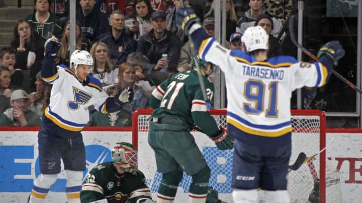 ST. PAUL, MN - FEBRUARY 17: Brayden Schenn #10 of the St. Louis Blues celebrates his 2nd period goal behind the net of Alex Stalock #32 of the Minnesota Wild during a game at Xcel Energy Center on February 17, 2019 in St. Paul, Minnesota.(Photo by Bruce Kluckhohn/NHLI via Getty Images)