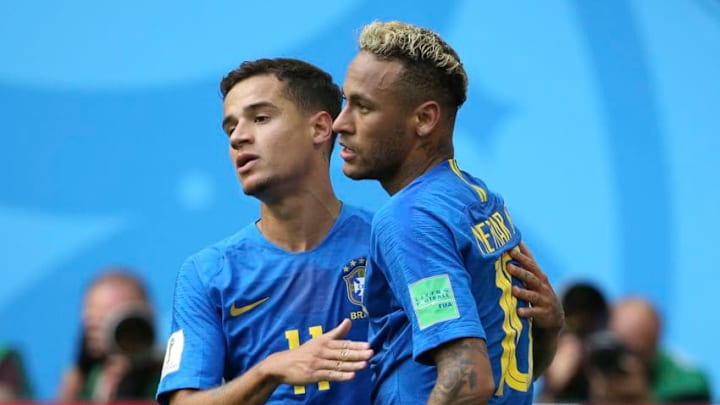 SAINT PETERSBURG, RUSSIA - JUNE 22: Neymar Jr of Brazil celebrates scoring the second goal of his team with Philippe Coutinho (left) during the 2018 FIFA World Cup Russia group E match between Brazil and Costa Rica at Saint Petersburg Stadium on June 22, 2018 in Saint Petersburg, Russia. (Photo by Jean Catuffe/Getty Images)