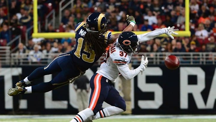 Nov 15, 2015; St. Louis, MO, USA; St. Louis Rams wide receiver Bradley Marquez (15) is unable to catch a pass as Chicago Bears cornerback Bryce Callahan (37) defends during the first half at the Edward Jones Dome. Mandatory Credit: Jeff Curry-USA TODAY Sports