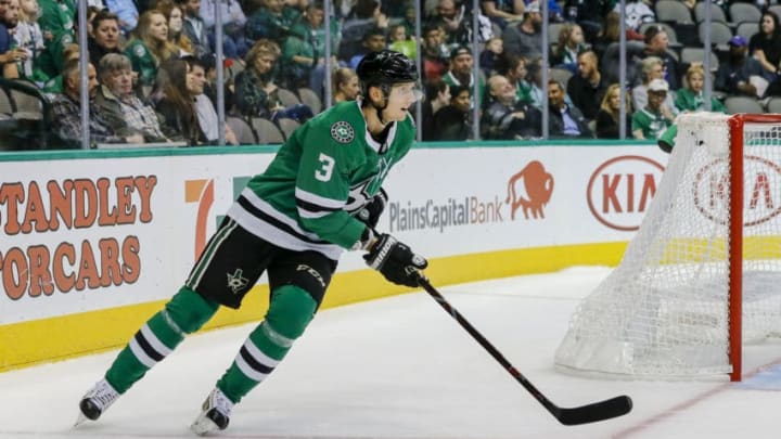 DALLAS, TX - SEPTEMBER 30: Dallas Stars defenseman John Klingberg (3) skates up the ice during the game between the Dallas Stars and the Colorado Avalanche on September 30, 2018 at the American Airlines Center in Dallas, Texas. Colorado defeats Dallas 6-5. (Photo by Matthew Pearce/Icon Sportswire via Getty Images)