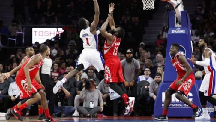 Nov 30, 2015; Auburn Hills, MI, USA; Detroit Pistons guard Reggie Jackson (1) goes up for a shot against Houston Rockets guard James Harden (13) during the fourth quarter at The Palace of Auburn Hills. Pistons win 116-105. Mandatory Credit: Raj Mehta-USA TODAY Sports