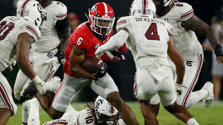 Georgia running back Kenny McIntosh (6) moves the ball down the field during the second half of an NCAA college football game between South Carolina and Georgia in Athens, Ga., on Sept. 18, 2021. Georgia won 40-13.News Joshua L Jones