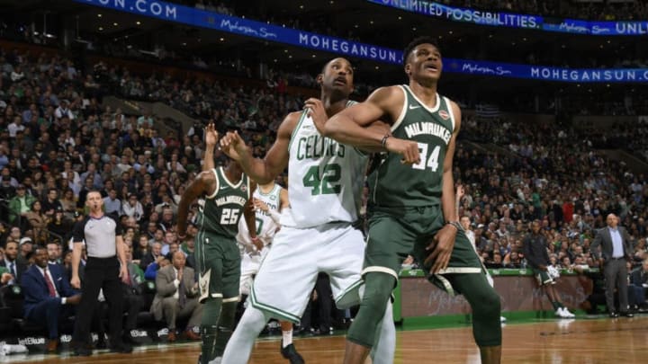 BOSTON, MA - December 4: Giannis Antetokounmpo #34 of the Milwaukee Bucks and Al Horford #42 of the Boston Celtics await the ball on December 4, 2017 at the TD Garden in Boston, Massachusetts. NOTE TO USER: User expressly acknowledges and agrees that, by downloading and or using this photograph, User is consenting to the terms and conditions of the Getty Images License Agreement. Mandatory Copyright Notice: Copyright 2017 NBAE (Photo by Brian Babineau/NBAE via Getty Images)