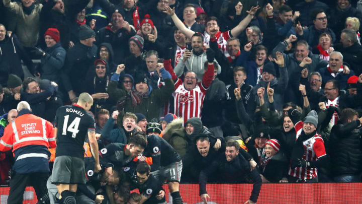 LIVERPOOL, ENGLAND - JANUARY 25: Shane Long of Southampton (not pictured) celebrates with team mates after scoring his sides first goal during the EFL Cup Semi-Final Second Leg match between Liverpool and Southampton at Anfield on January 25, 2017 in Liverpool, England. (Photo by Julian Finney/Getty Images)