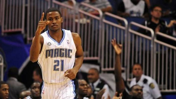 Apr 2, 2014; Orlando, FL, USA; Orlando Magic forward Maurice Harkless (21) celebrates a three-point basket against the Cleveland Cavaliers in the first quarter at Amway Center. Mandatory Credit: David Manning-USA TODAY Sports