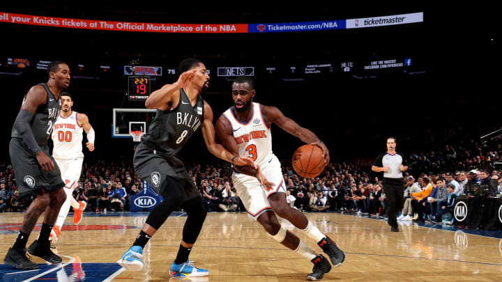 NEW YORK, NY – OCTOBER 29: Tim Hardaway Jr. #3 of the New York Knicks handles the ball against the Brooklyn Nets on October 29, 2018 at Madison Square Garden in New York City, New York. NOTE TO USER: User expressly acknowledges and agrees that, by downloading and or using this photograph, User is consenting to the terms and conditions of the Getty Images License Agreement. Mandatory Copyright Notice: Copyright 2018 NBAE (Photo by Nathaniel S. Butler/NBAE via Getty Images)