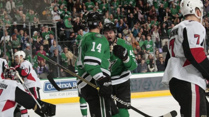 DALLAS, TX - NOVEMBER 23: Alexander Radulov #47 and Jamie Benn #14 of the Dallas Stars celebrate a goal against the Ottawa Senators at the American Airlines Center on November 23, 2018 in Dallas, Texas. (Photo by Glenn James/NHLI via Getty Images)