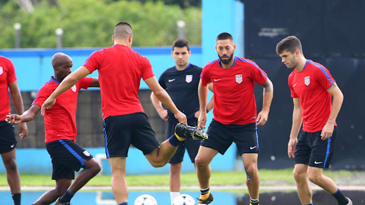 COUVA, TRINIDAD AND TOBAGO - OCTOBER 09: (R-L) Christian Pulisic, Clint Dempsey, Bobby Wood and DaMarcus Beasley practice during the United States mens national team training session at the Ato Boldon Stadium on October 9, 2017 in Couva, Trinidad And Tobago. (Photo by Ashley Allen/Getty Images)