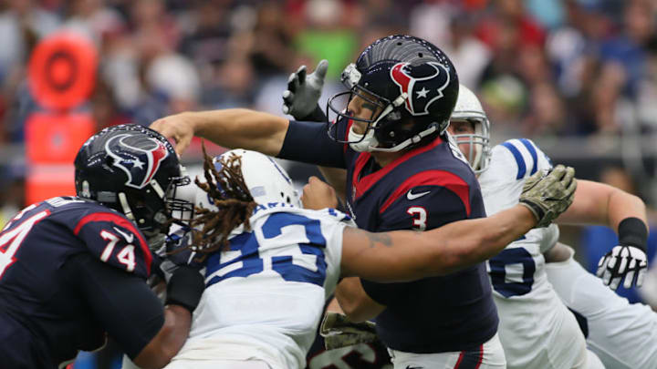 HOUSTON, TX - NOVEMBER 05: Indianapolis Colts linebacker Jabaal Sheard (93) tackles Houston Texans quarterback Tom Savage (3) during the football game between the Indianapolis Colts and Houston Texans at NRG Stadium on November 5, 2017 in Houston, Texas. (Photo by Leslie Plaza Johnson/Icon Sportswire via Getty Images)