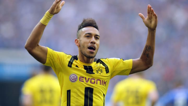 GELSENKIRCHEN, GERMANY - APRIL 01: Pierre Emerick Aubameyang ( Borussia Dortmund ) celebrates as he scores the goal during the Bundesliga match between FC Schalke 04 and Borussia Dortmund at Veltins-Arena on April 1, 2017 in Gelsenkirchen, Germany. (Photo by Stefan Matzke - sampics/Corbis via Getty Images)