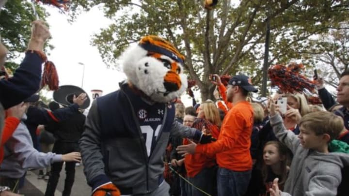 Oct 31, 2015; Auburn, AL, USA; Aubie, Auburn Tigers mascot, leads the team through Tiger Walk prior to the game against the Ole Miss Rebels at Jordan Hare Stadium. Mandatory Credit: John Reed-USA TODAY Sports