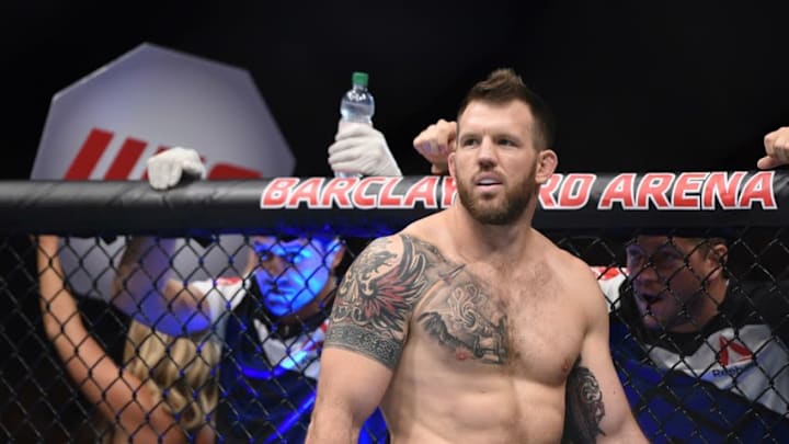 Sep 3, 2016; Hamburg, Germany; Ryan Bader (red gloves) before the fight against Ilir Latifi (blue gloves) during UFC Fight Night at Barclaycard Arena. Mandatory Credit: Per Haljestam-USA TODAY Sports