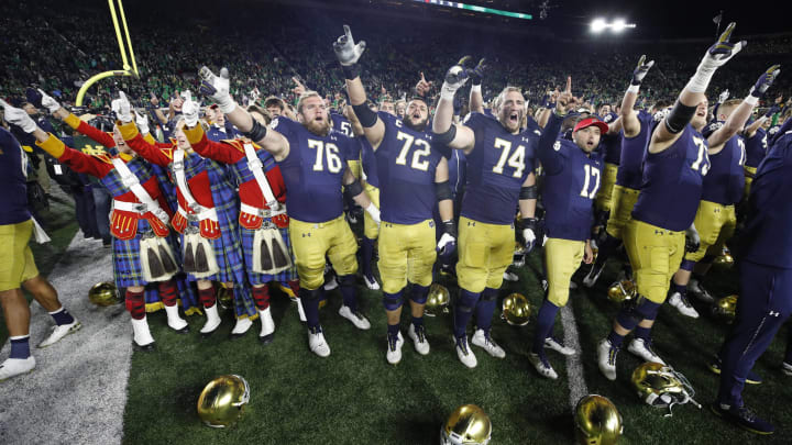 SOUTH BEND, IN – OCTOBER 12: Notre Dame Fighting Irish players celebrate after the game against the USC Trojans at Notre Dame Stadium on October 12, 2019 in South Bend, Indiana. Notre Dame defeated USC 30-27. (Photo by Joe Robbins/Getty Images)