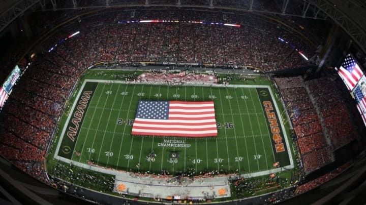 Jan 11, 2016; Glendale, AZ, USA; General view during the national anthem prior to the game between the Alabama Crimson Tide and the Clemson Tigers in the 2016 CFP National Championship at University of Phoenix Stadium. Mandatory Credit: Erich Schlegel-USA TODAY Sports