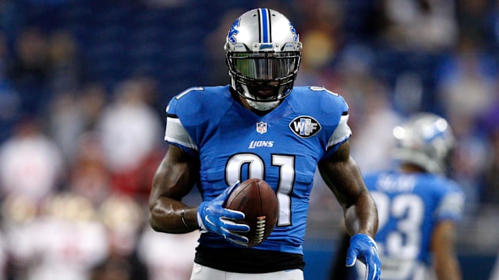 Dec 27, 2015; Detroit, MI, USA; Detroit Lions wide receiver Calvin Johnson (81) holds the ball before the game against the San Francisco 49ers at Ford Field. Mandatory Credit: Raj Mehta-USA TODAY Sports