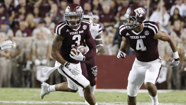 Oct 3, 2015; College Station, TX, USA; Texas A&M Aggies wide receiver Christian Kirk (3) runs after a catch against the Mississippi State Bulldogs during the first half at Kyle Field. Mandatory Credit: Soobum Im-USA TODAY Sports