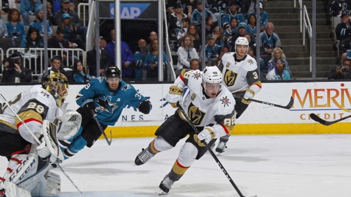 SAN JOSE, CA – MAY 06: Nate Schmidt #88 of the Vegas Golden Knights skates with the puck against Logan Couture #39 of the San Jose Sharks in Game Six of the Western Conference Second Round during the 2018 NHL Stanley Cup Playoffs at SAP Center on May 6, 2018 in San Jose, California. (Photo by Rocky W. Widner/NHL/Getty Images) *** Local Caption *** Nate Schmidt; Logan Couture