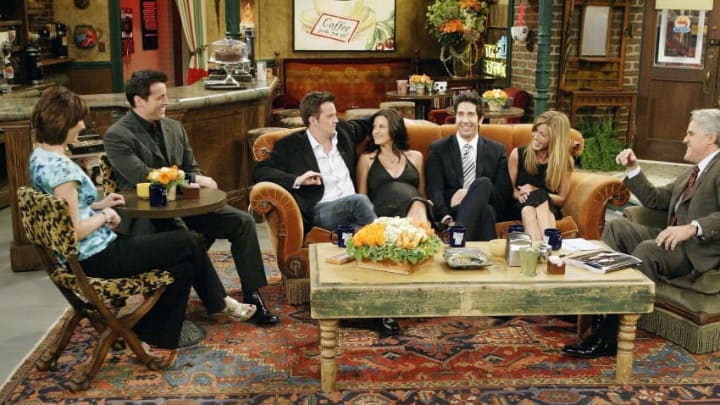 LOS ANGELES - MAY 6: (L-R) In this handout photo provided by NBC, the cast of 'Friends', actors Lisa Kudrow, Matt LeBlanc, Matthew Perry, Courteney Cox-Arquette, David Schwimmer and Jennifer Aniston sat down with Jay Leno for a special 'Tonight Show,' on the set of Central Perk on May 6, 2004 in Los Angeles, California. (Photo by Paul Drinkwater/NBC via Getty Images)