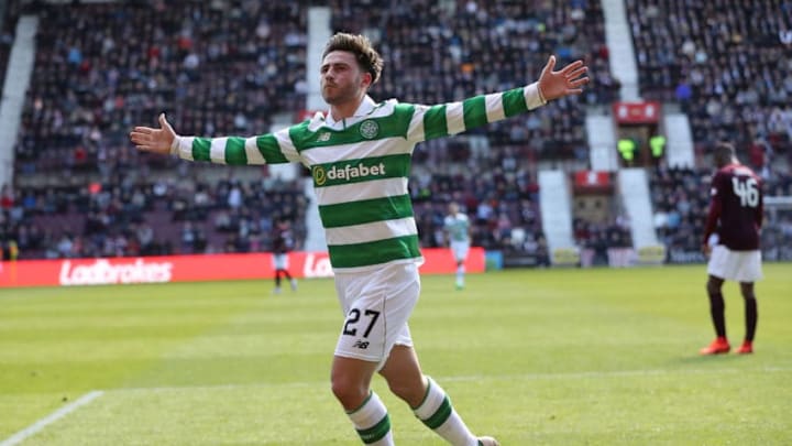 EDINBURGH, SCOTLAND - APRIL 02: Patrick Roberts of Celtic celebrates scoring his sides fourth goal during the Ladbrokes Scottish Premiership match between Hearts and Celtic at Tynecastle Stadium on April 2, 2017 in Edinburgh, Scotland. (Photo by Ian MacNicol/Getty Images)