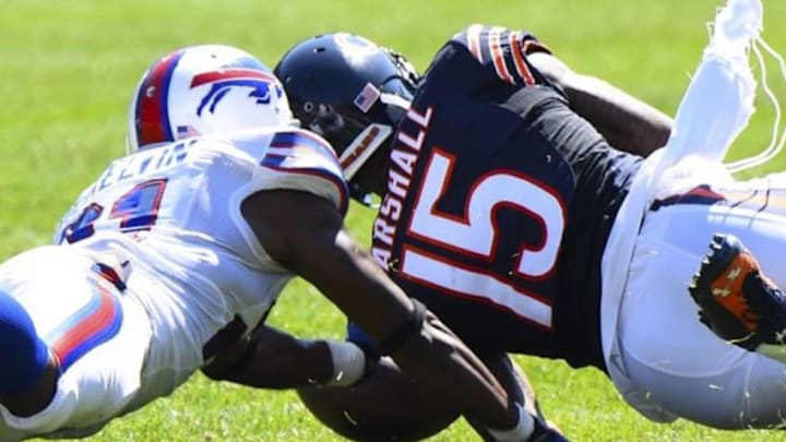 Sep 7, 2014; Chicago, IL, USA; Buffalo Bills cornerback Leodis McKelvin (21) breaks up a pass intended for Chicago Bears wide receiver Brandon Marshall (15) during the second quarter at Soldier Field. Mandatory Credit: Mike DiNovo-USA TODAY Sports Sep 7, 2014; Chicago, IL, USA; Buffalo Bills cornerback Leodis McKelvin (21) breaks up a pass intended for Chicago Bears wide receiver Brandon Marshall (15) during the second quarter at Soldier Field. Mandatory Credit: Mike DiNovo-USA TODAY Sports