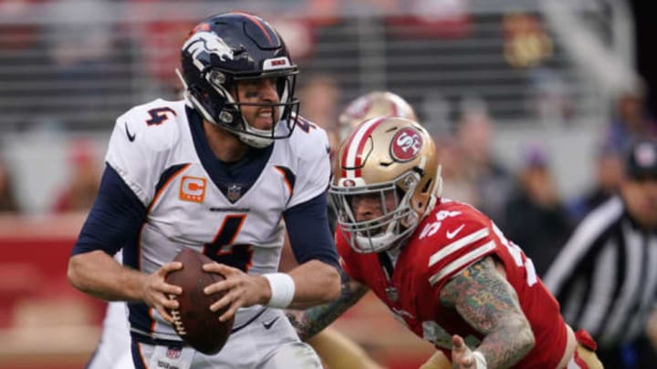 SANTA CLARA, CA – DECEMBER 09: Case Keenum #4 of the Denver Broncos is pressured by Cassius Marsh #54 of the San Francisco 49ers during their NFL game at Levi’s Stadium on December 9, 2018 in Santa Clara, California. (Photo by Robert Reiners/Getty Images)