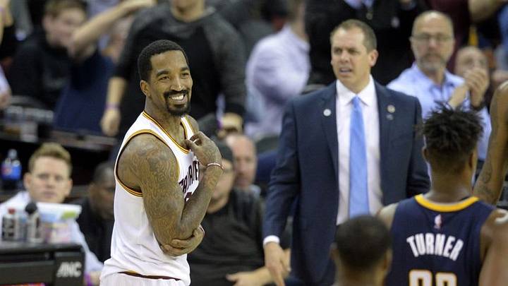 Feb 29, 2016; Cleveland, OH, USA; Cleveland Cavaliers guard J.R. Smith (5) reacts after making a three-point basket in the fourth quarter against the Indiana Pacers at Quicken Loans Arena. Mandatory Credit: David Richard-USA TODAY Sports