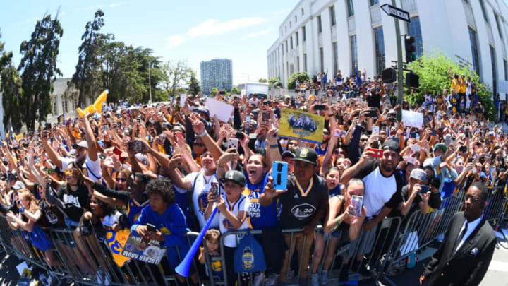 OAKLAND, CA - JUNE 15: Fans line up during the Golden State Warriors Victory Parade and Rally on June 15, 2017 in Oakland, California at The Henry J. Kaiser Convention. NOTE TO USER: User expressly acknowledges and agrees that, by downloading and or using this photograph, User is consenting to the terms and conditions of the Getty Images License Agreement. Mandatory Copyright Notice: Copyright 2017 NBAE (Photo by Noah Graham/NBAE via Getty Images)