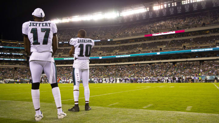 PHILADELPHIA, PA – AUGUST 22: Alshon Jeffery #17 and DeSean Jackson #10 of the Philadelphia Eagles look on in the second quarter of the preseason game against the Baltimore Ravens at Lincoln Financial Field on August 22, 2019 in Philadelphia, Pennsylvania. (Photo by Mitchell Leff/Getty Images)