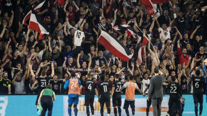 WASHINGTON, DC - AUGUST 12: D.C United players greet their fans at the end of a MLS match between D.C. United and Orland City SC on August 12, 2018, at Audi Field, in Washington, D.C. United defeated Orlando 3-2. (Photo by Tony Quinn/Icon Sportswire via Getty Images)