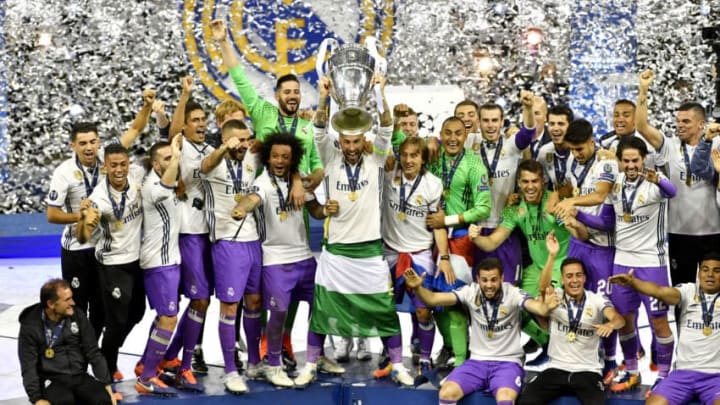 CARDIFF, WALES - JUNE 03: In this handout image provided by UEFA, Sergio Ramos of Real Madrid lifts The Champions League trophy after the UEFA Champions League Final between Juventus and Real Madrid at National Stadium of Wales on June 3, 2017 in Cardiff, Wales. (Photo by Handout/UEFA via Getty Images)