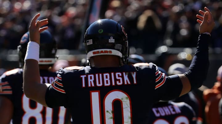 CHICAGO, IL - OCTOBER 21: Quarterback Mitchell Trubisky #10 of the Chicago Bears celebrates after scoring a touchdown against the New England Patriots in the first quarter at Soldier Field on October 21, 2018 in Chicago, Illinois. (Photo by Jonathan Daniel/Getty Images)