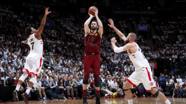 TORONTO, CANADA - MAY 3: Kevin Love #0 of the Cleveland Cavaliers shoots the ball against the Toronto Raptors in Game Two of the Eastern Conference Semifinals during the 2018 NBA Playoffs on May 3, 2018 at the Air Canada Centre in Toronto, Ontario, Canada. NOTE TO USER: User expressly acknowledges and agrees that, by downloading and/or using this photograph, user is consenting to the terms and conditions of the Getty Images License Agreement. Mandatory Copyright Notice: Copyright 2018 NBAE (Photo by Mark Blinch/NBAE via Getty Images)