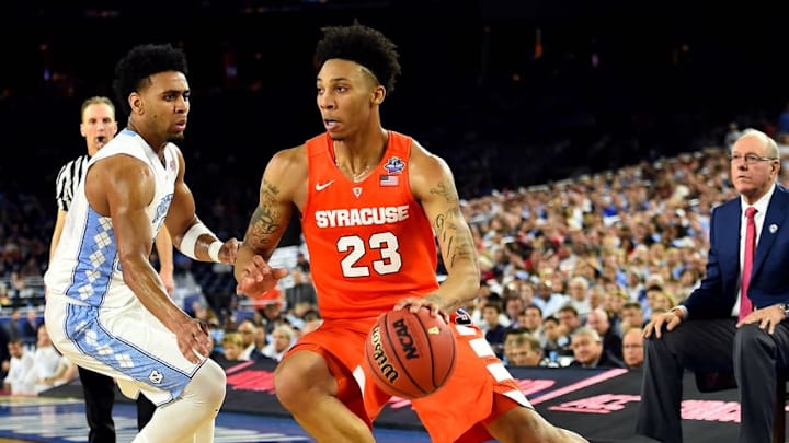 Apr 2, 2016; Houston, TX, USA; Syracuse Orange guard Malachi Richardson (23) drives to the basket against North Carolina Tar Heels guard Joel Berry II (2) during the second half in the 2016 NCAA Men