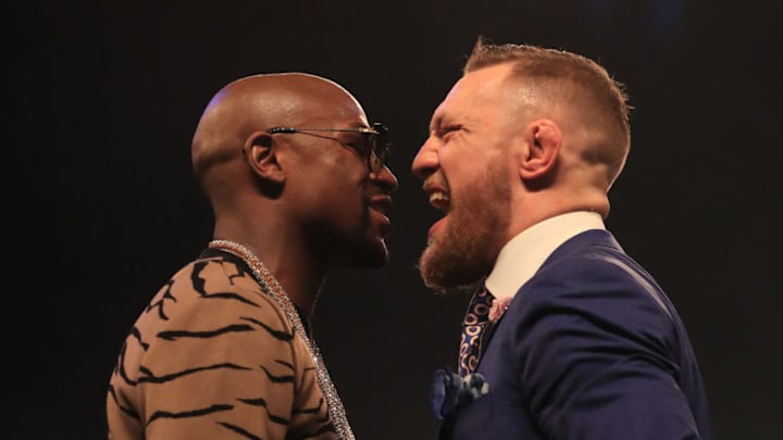 July 14th 2017, Wembley Arena, London, England; Mayweather versus McGregor, London World Tour; Floyd Mayweather and Conor McGregor come face to face during the press conference (Photo by Shaun Brooks/Action Plus via Getty Images)