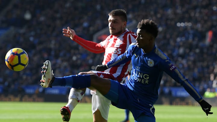 LEICESTER, ENGLAND - FEBRUARY 24: Konstantinos Stafylidis of Stoke City battles for possesion with Demarai Gray of Leicester City during the Premier League match between Leicester City and Stoke City at The King Power Stadium on February 24, 2018 in Leicester, England. (Photo by Ross Kinnaird/Getty Images)