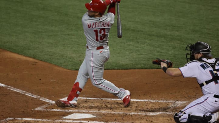 MIAMI, FLORIDA - SEPTEMBER 14: Rafael Marchan #13 of the Philadelphia Phillies in action during his MLB debut against the Miami Marlins at Marlins Park on September 14, 2020 in Miami, Florida. (Photo by Mark Brown/Getty Images)