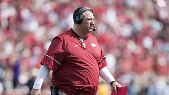 FAYETTEVILLE, AR - SEPTEMBER 9: Head Coach Bret Bielema of the Arkansas Razorbacks walks off the field during a game against the TCU Horned Frogs at Donald W. Reynolds Razorback Stadium on September 9, 2017 in Fayetteville, Arkansas. The Horn Frogs defeated the Razorbacks 28-7. (Photo by Wesley Hitt/Getty Images)