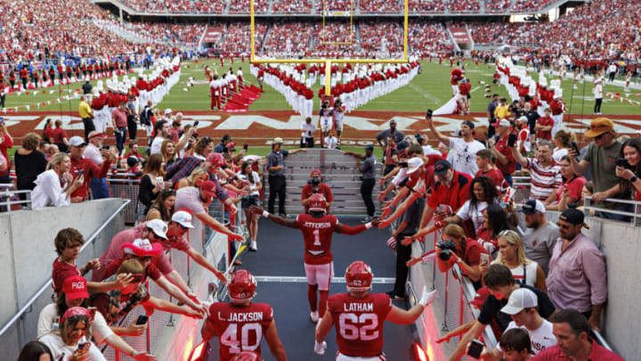 FAYETTEVILLE, ARKANSAS - SEPTEMBER 16: K.J. Jefferson #1 of the Arkansas Razorbacks leads the team onto the field before a game against the BYU Cougars at Donald W. Reynolds Razorback Stadium on September 16, 2023 in Fayetteville, Arkansas. The Cougars defeated the Razorbacks 38-31. (Photo by Wesley Hitt/Getty Images)