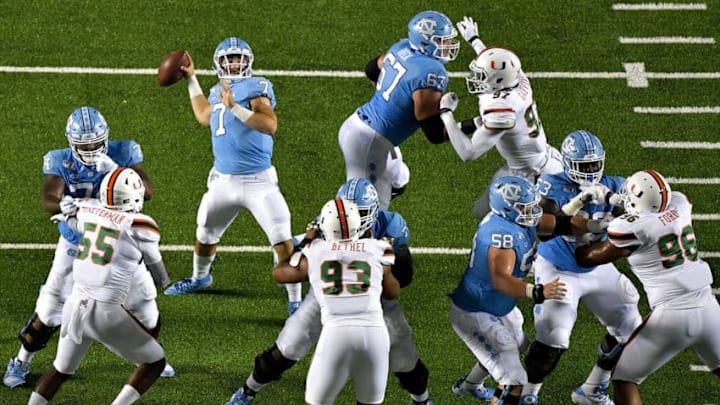 CHAPEL HILL, NORTH CAROLINA - SEPTEMBER 07: Sam Howell #7 of the North Carolina Tar Heels drops back to pass against the Miami Hurricanes during the first half of their game at Kenan Stadium on September 07, 2019 in Chapel Hill, North Carolina. (Photo by Grant Halverson/Getty Images)